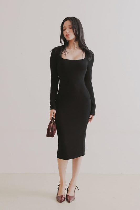 Elegant Rib Knit Long Sleeve Square Neck Calf-Length Bra Dress (一見鍾情羅紋長袖方領襯墊中長版洋裝) By mumm - Milu
