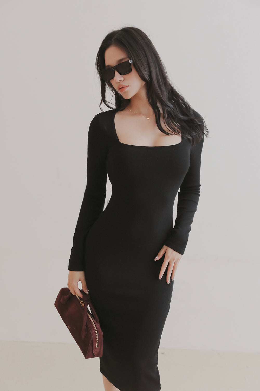 Elegant Rib Knit Long Sleeve Square Neck Calf-Length Bra Dress (一見鍾情羅紋長袖方領襯墊中長版洋裝) By mumm - Milu