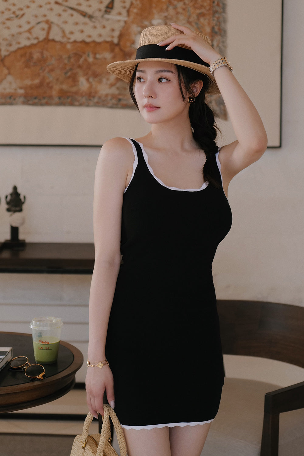 Ripple Trim Knit U-Neck Wide-Strap Mini Bra Dress<br/>冰紗花邊寬肩帶襯墊短洋裝