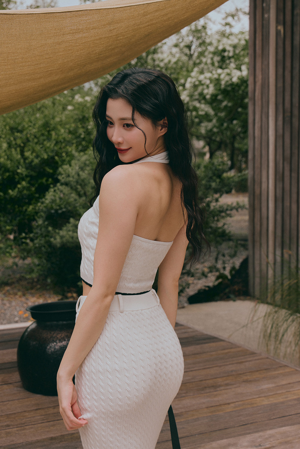 Afternoon Walk Knit Ripple Trim Halter Bra Top<br/>午後漫步麻花花邊繞脖BraTop