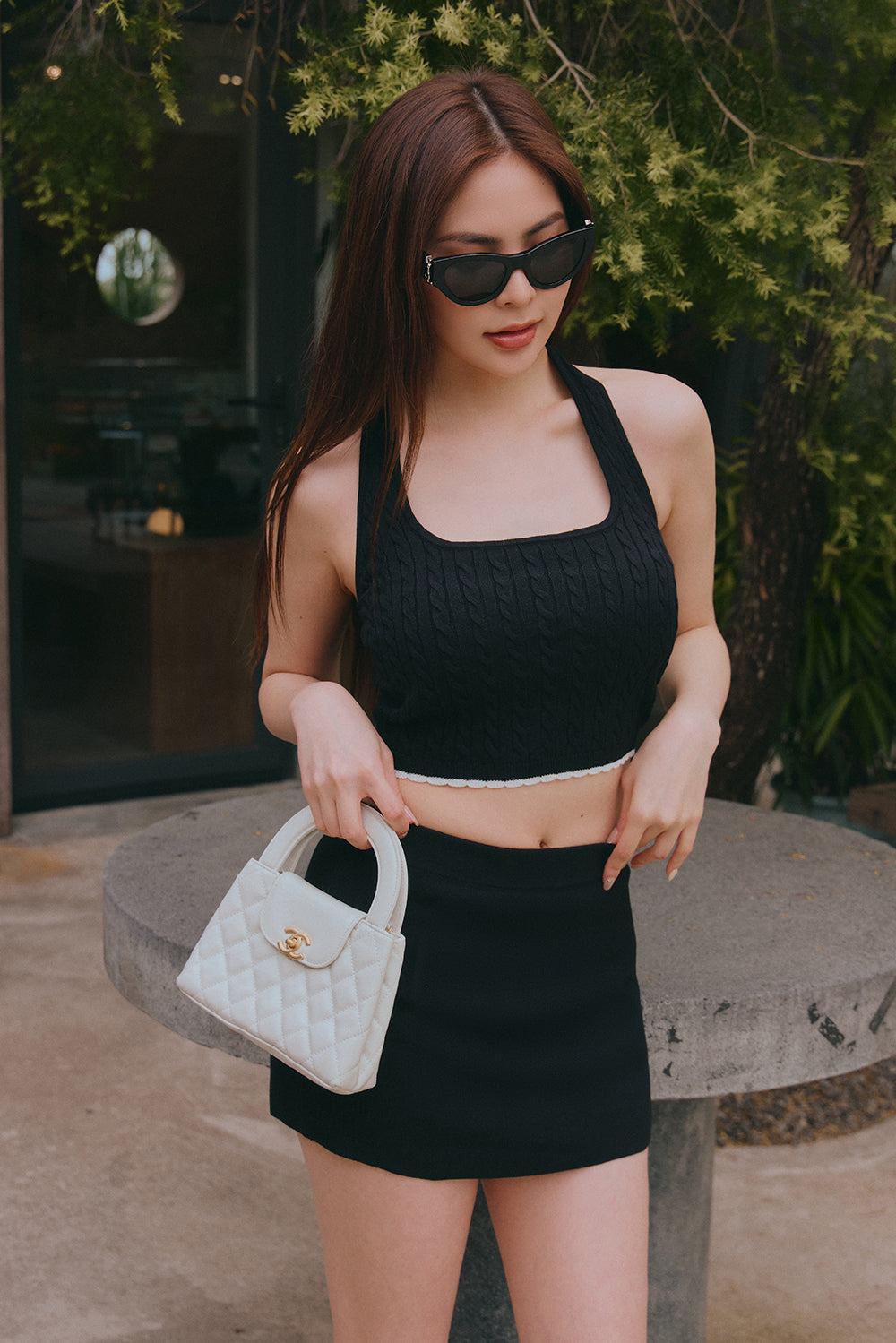 Afternoon Walk Knit Ripple Trim Halter Bra Top<br/>午後漫步麻花花邊繞脖BraTop
