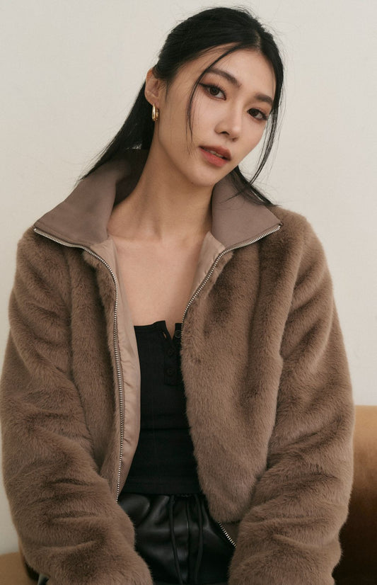 Faux Fur Zip-Up Jacket <br/>貂毛感立領拉鍊外套 By Beigy - Milu
