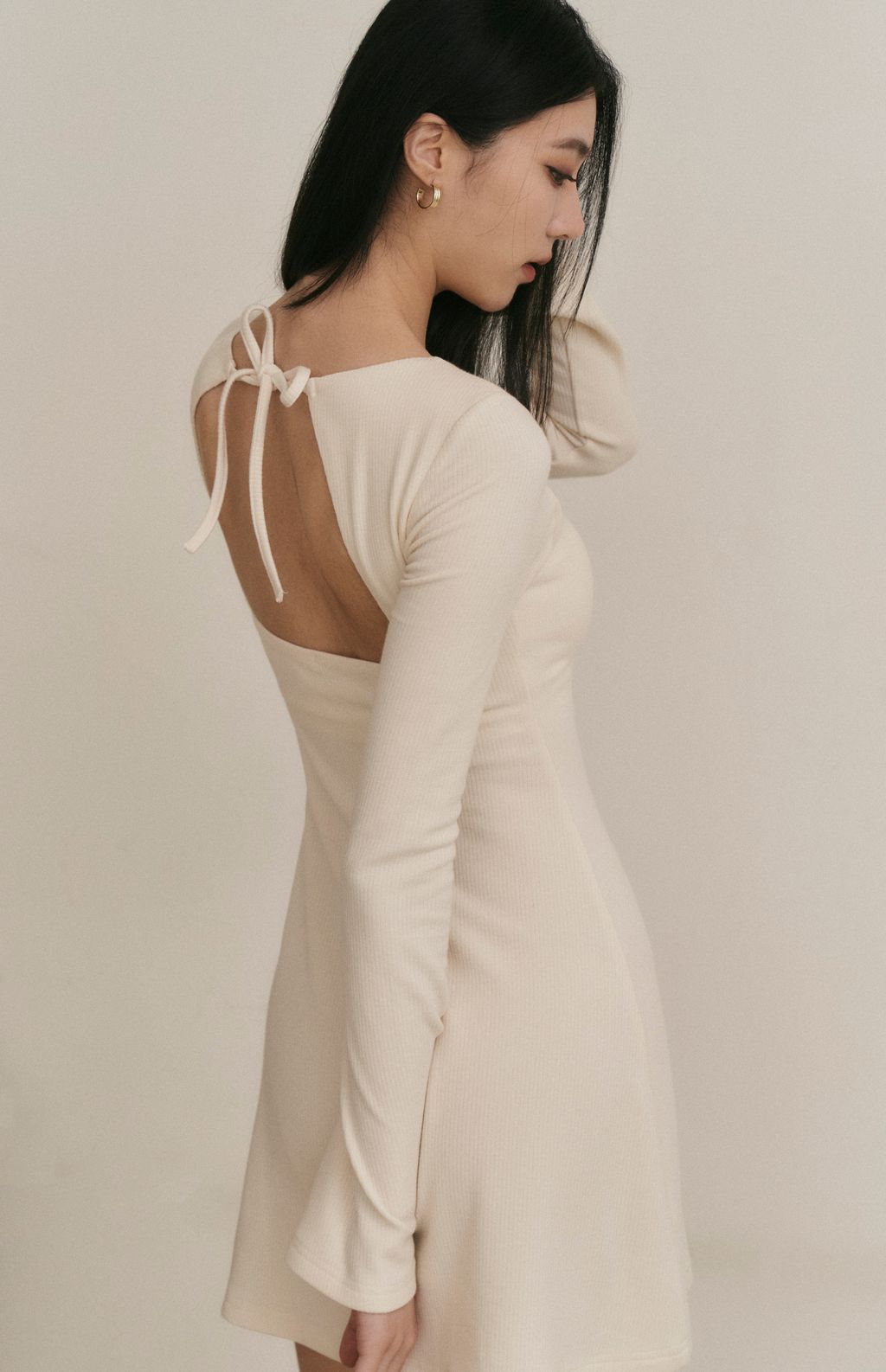 Ribbed Open Back Long Sleeve Mini Bra Dress (坑條美背綁帶Bra Dress) By Beigy - Milu