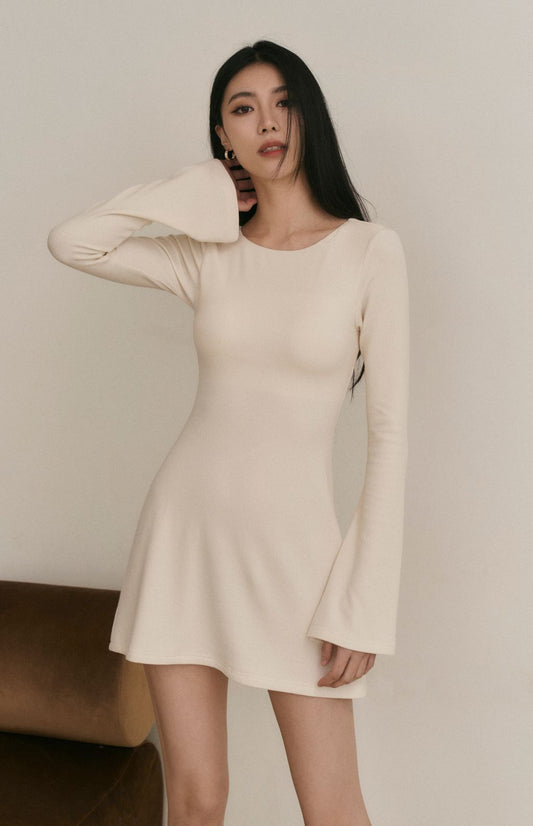 (最後現貨) Ribbed Open Back Long Sleeve Mini Bra Dress<br/>坑條美背綁帶Bra Dress -【XS、S】 By Beigy - Milu
