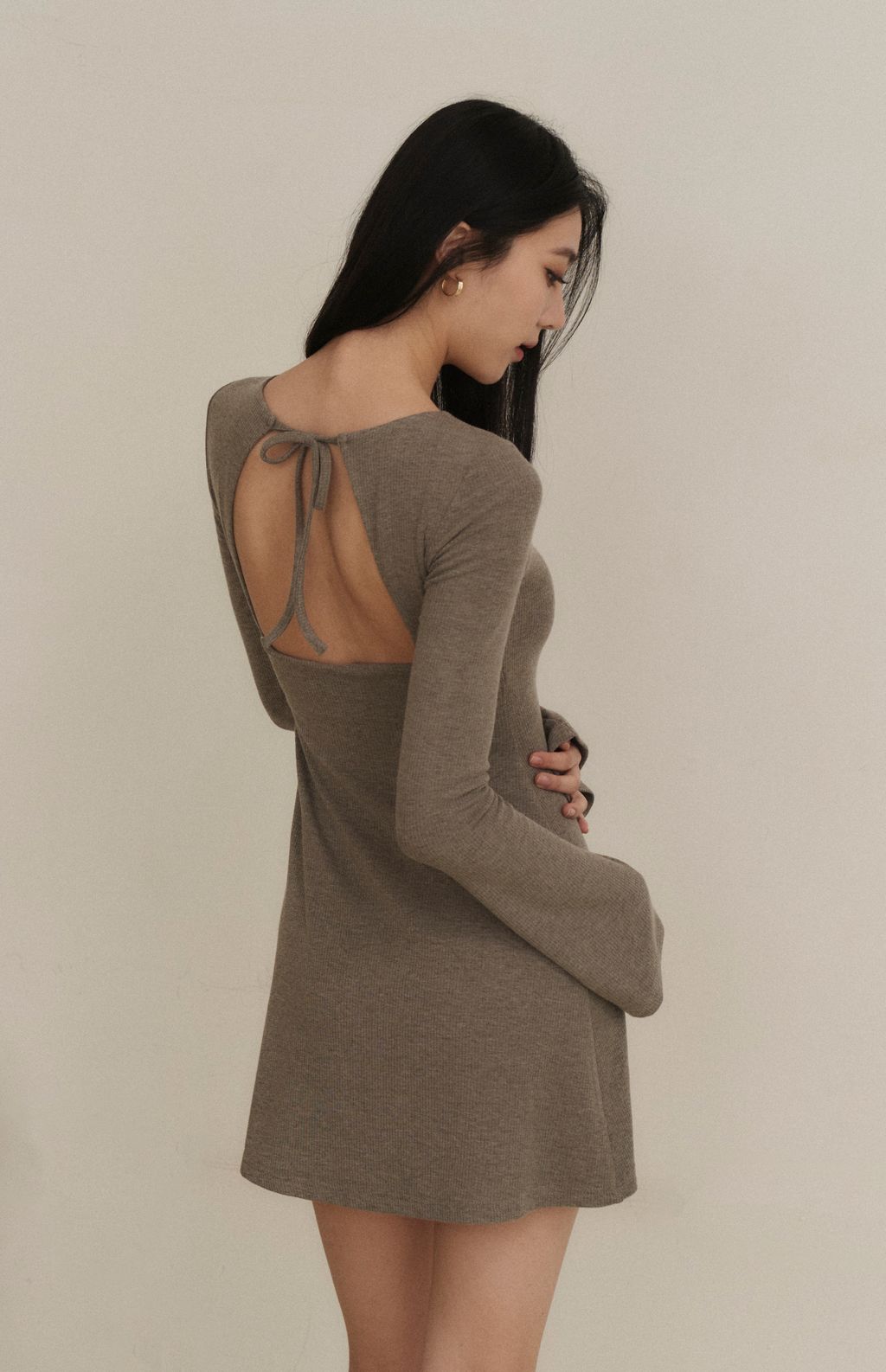 Ribbed Open Back Long Sleeve Mini Bra Dress (坑條美背綁帶Bra Dress) By Beigy - Milu