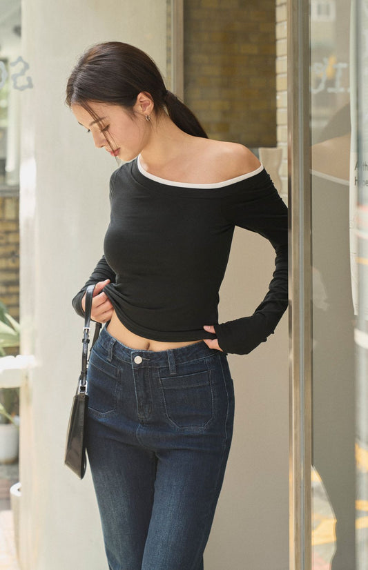 Tencel Wool Asymmetric Off-Shoulder Two-Piece Bra Top <br/>斜肩天絲假兩件Bra Top By Beigy - Milu