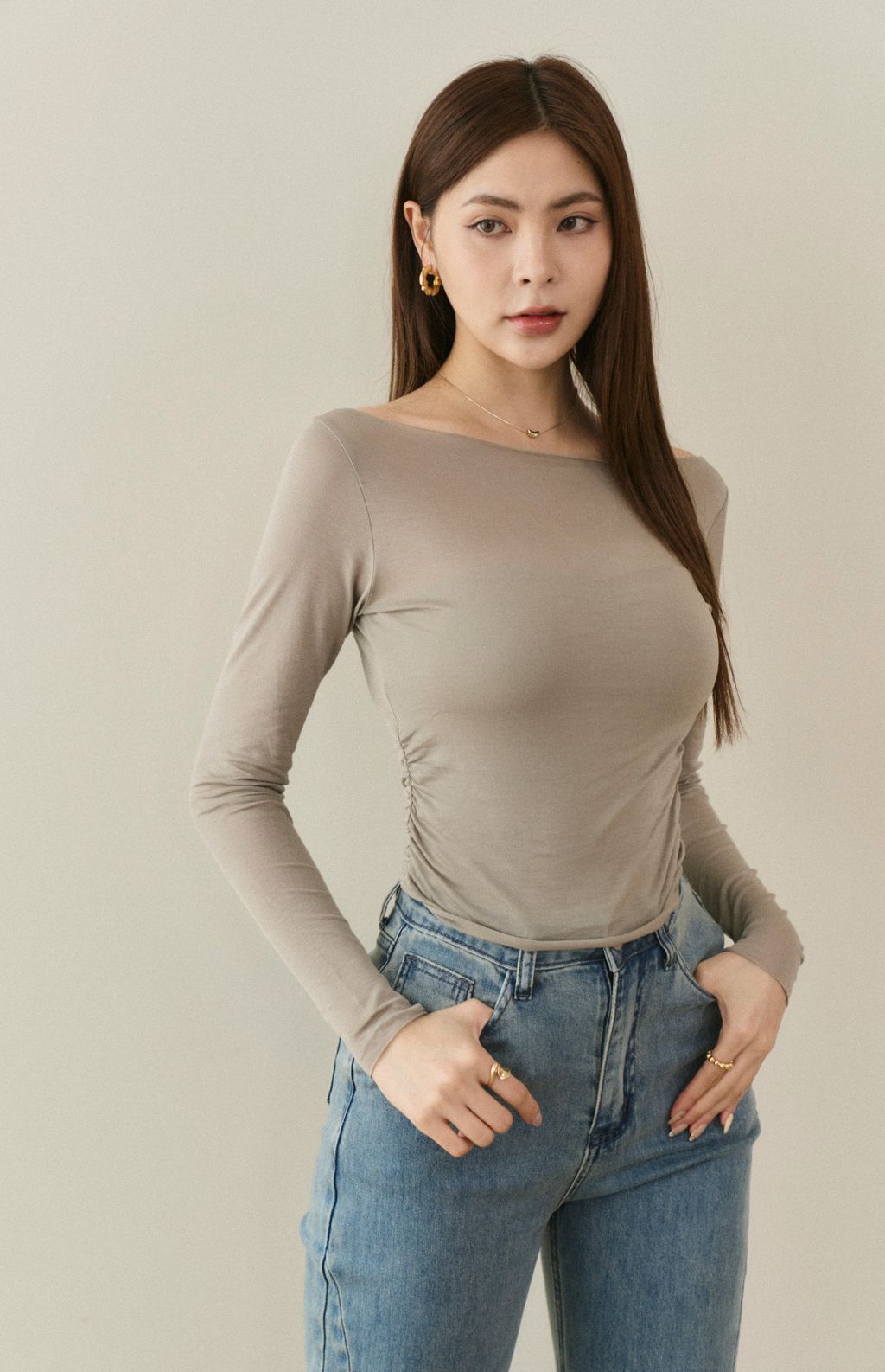 Tencel Wool Long Sleeve Top<br/>天絲透膚側抓皺上衣