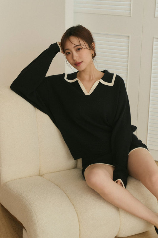 Classic Thin Ribbed Polo Top & Shorts Set<br/>老錢風Polo撞色薄針織套裝 By Beigy - Milu