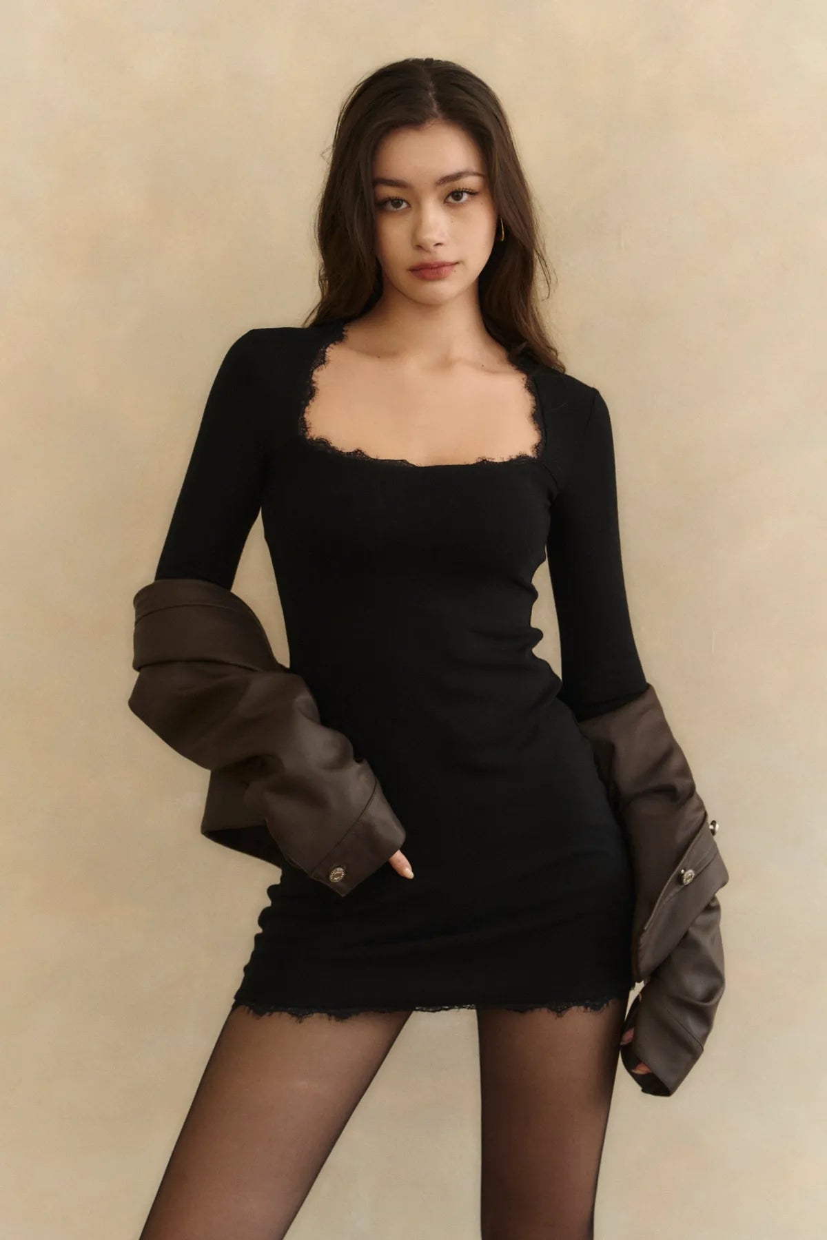 Lace Square Neck Modal Mini Bra Dress<br/>蕾絲方領莫代爾長袖Bra Dress