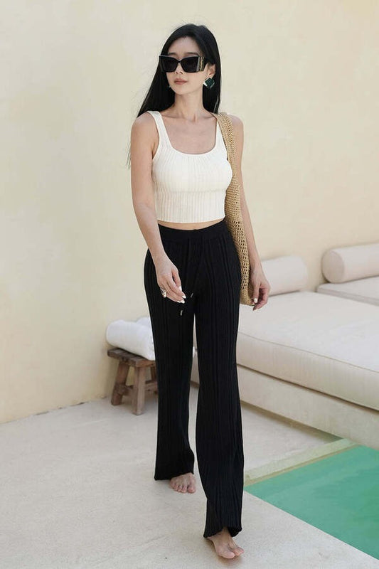 (最後一件) Wide Ribbed Knit Pants<br/>輕氧針織抽繩長褲 -【S+】
