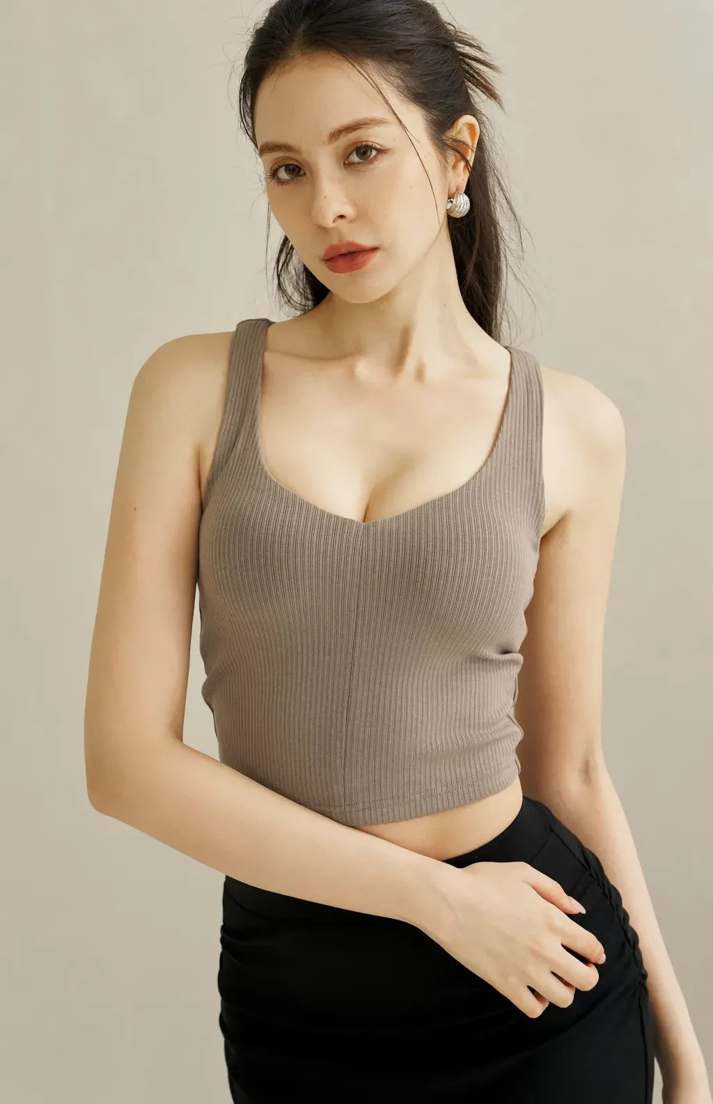 Rib Knit V-Neck Bra Top<br/>坑條V領美胸Bra Top