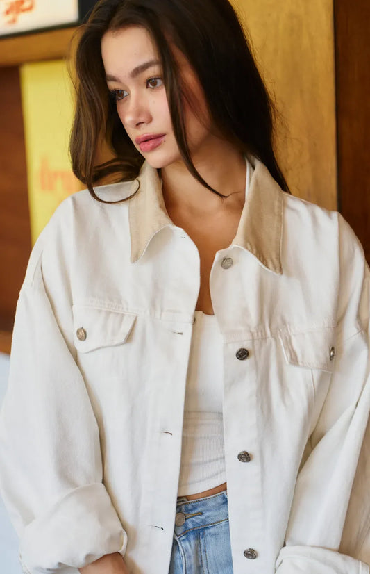 Lapel Patchwork Denim Jacket<br/>翻領拼接牛仔外套 By Beigy - Milu