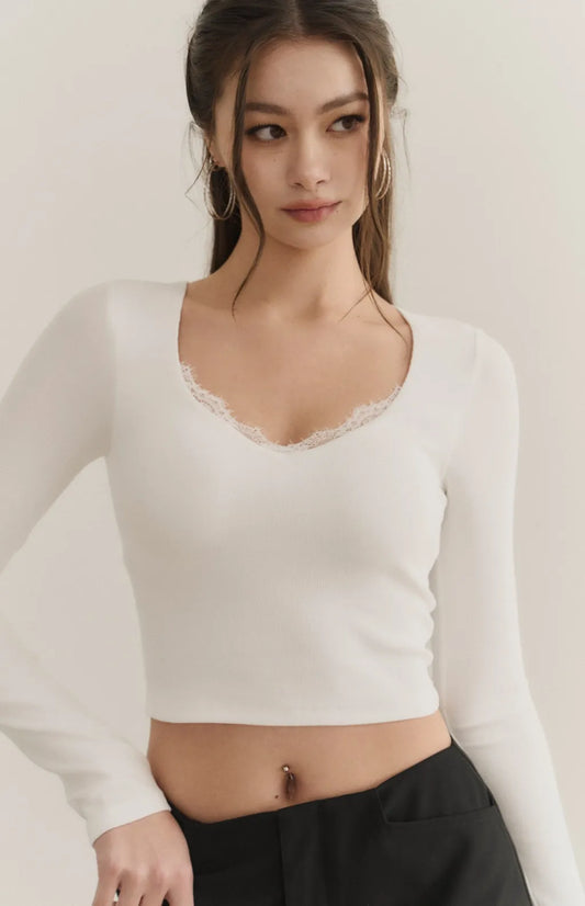 (最後現貨) Lace Trim V-Neck Long Sleeve Bra Top<br/>美胸蕾絲V領長袖Bra Top -【L】
