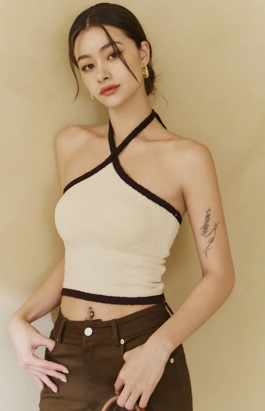 Contrast Knit Halter Bra Top<br/>慵懶法式撞色針織Bra Top