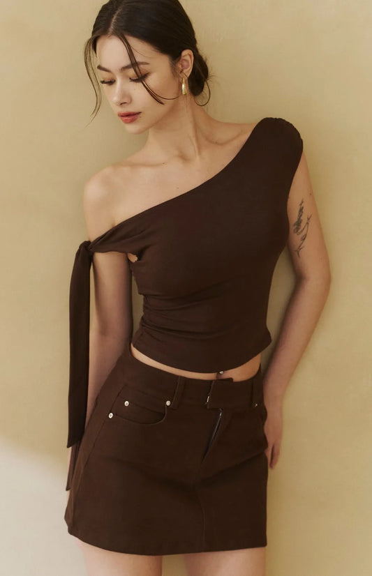 One-Shoulder Ruched Knot Tie Bra Top<br/>單肩抓皺褶綁帶Bra Top