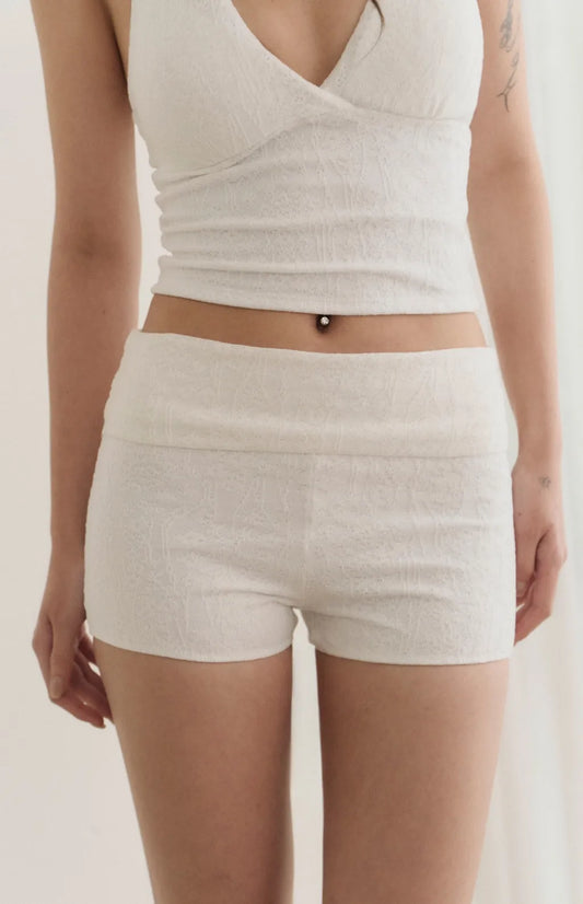 High-Waist Lace Rolled Swim Shorts<br/>蕾絲雕花反折腰頭泳褲