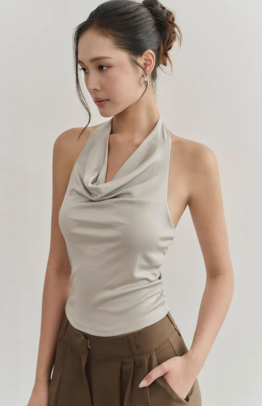 Satin Cowl-Neck Halter Bra Top<br/>法式緞光垂領削肩Bra Top
