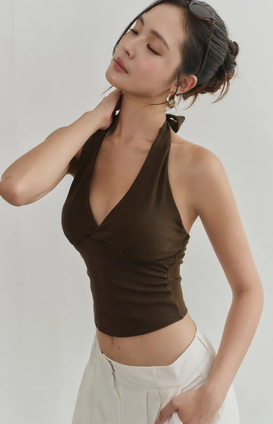 Ruched Plunge Tie-Halter Bra Top<br/>抓皺交叉V領綁帶Bra Top