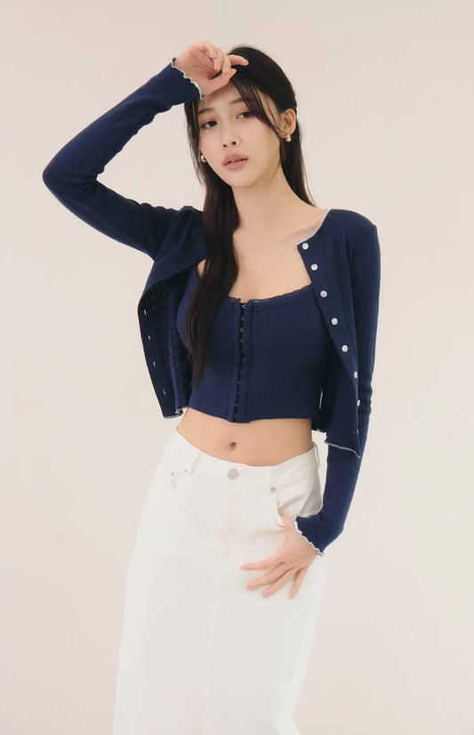 Lace Trim Ribbed Knit Cardigan<br/>針織蕾絲花邊圓領開衫