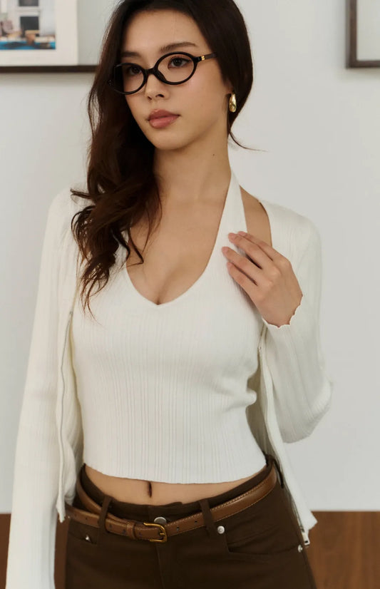 Ribbed Knit V-Neck Two-Way Zip Jacket<br/>針織坑條V領雙向拉鍊外套