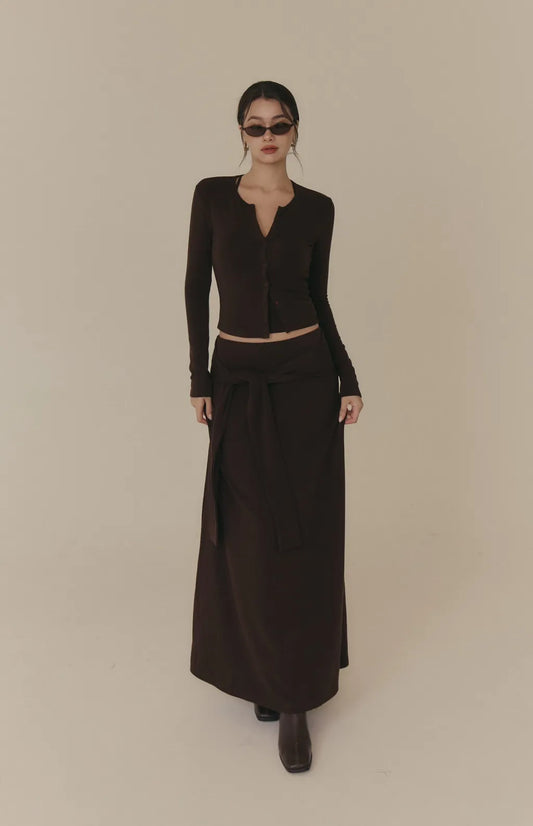 Wool-Blend Tie-Waist Long Skirt<br/>羊毛假兩件綁帶裙