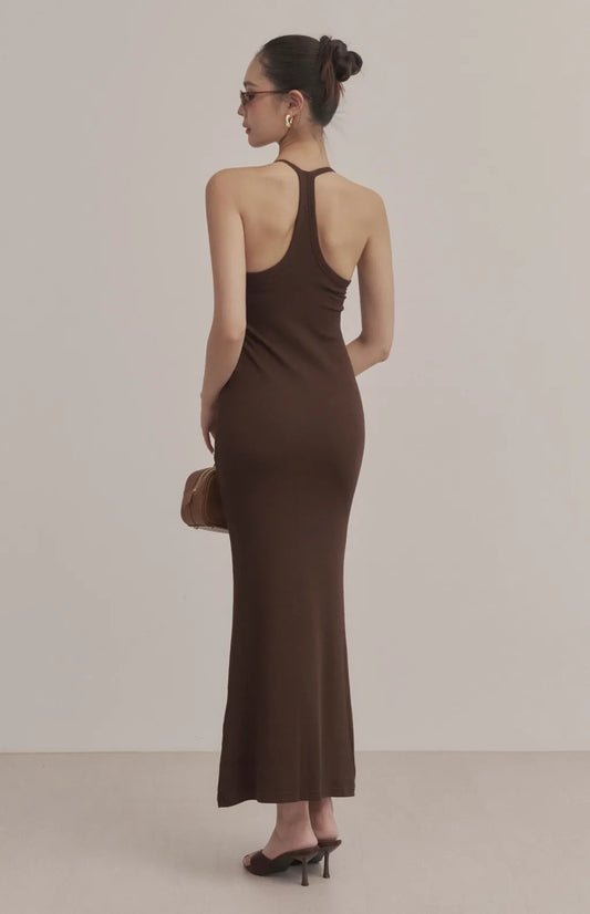 Ribbed V-Neck Racerback Bodycon Maxi Bra Dress<br/>羅紋V領挖背修身Bra Dress