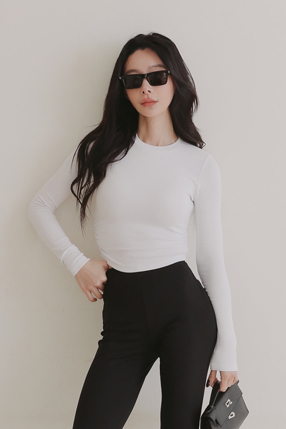 Elegant Rib Knit Long Sleeve Crop Top (一見鍾情羅紋側抓皺長袖上衣)