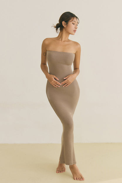 Elegant Rib Knit Strapless Bra Dress (羅紋平口襯墊長洋裝)