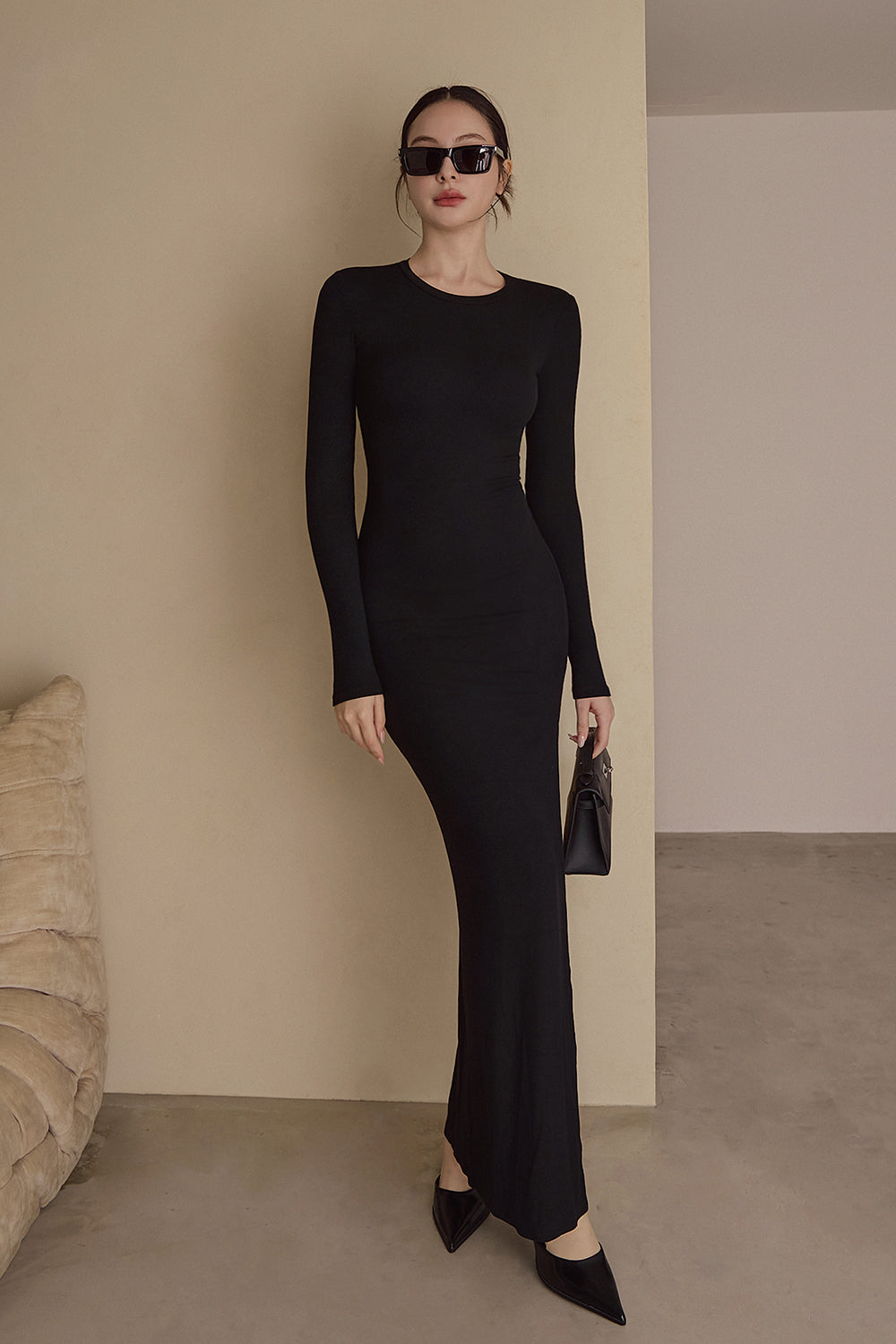 Elegant Rib Knit Long Sleeve Side Slit Maxi Bra Dress (一見鍾情羅紋長袖側開岔襯墊長洋裝)