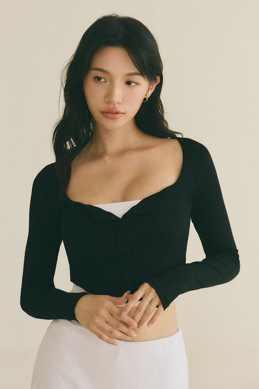 Elegant Rib Knit Square Neck Crop Top (方領上衣)