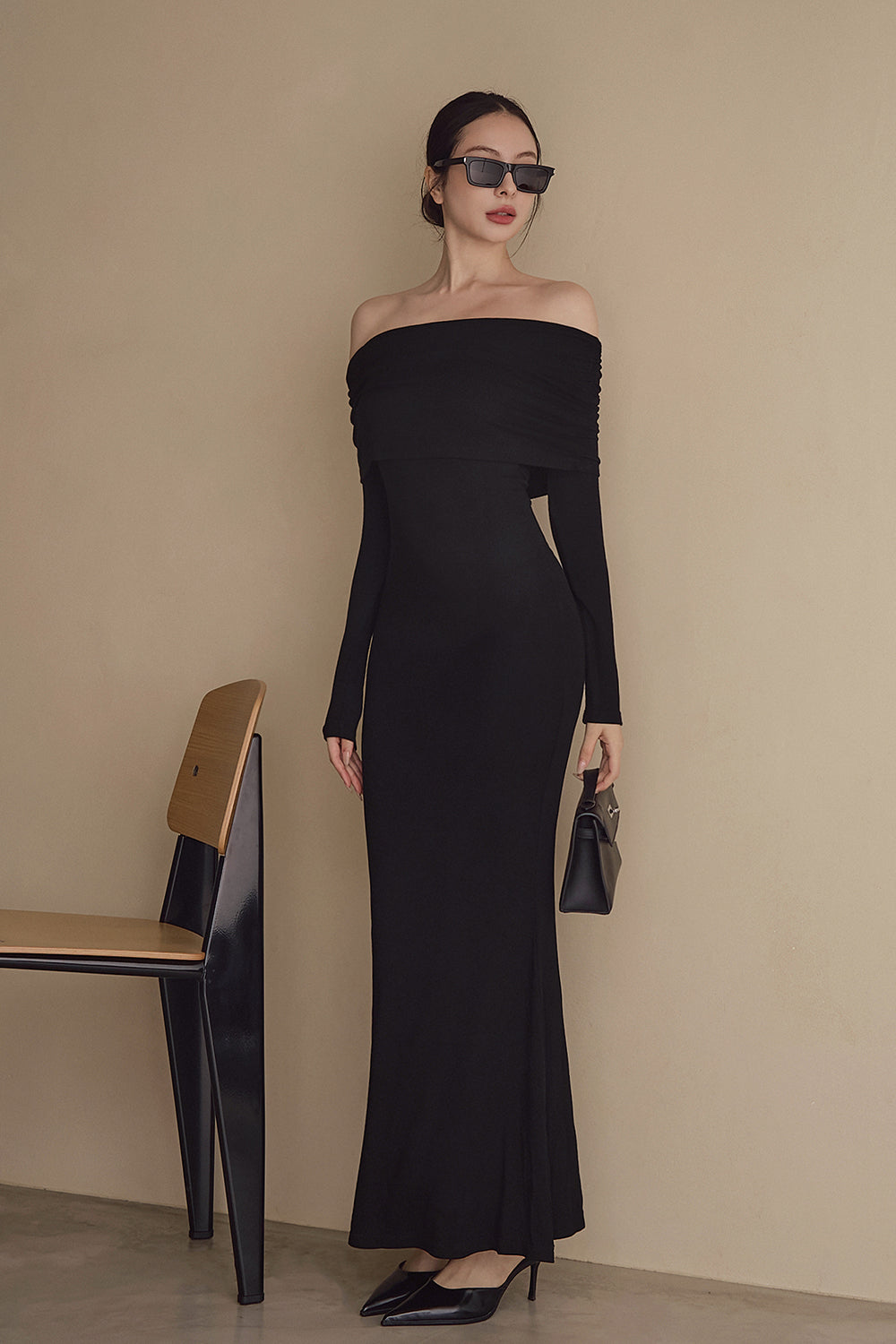 Elegant Rib Knit Fold Over Fishtail Maxi Bra Dress (一見鍾情羅紋翻領魚尾襯墊長洋裝)