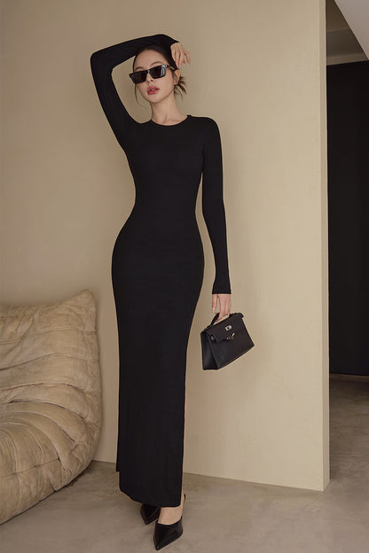 Elegant Rib Knit Long Sleeve Side Slit Maxi Bra Dress (一見鍾情羅紋長袖側開岔襯墊長洋裝)