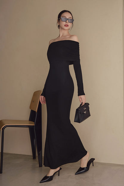 Elegant Rib Knit Fold Over Fishtail Maxi Bra Dress (一見鍾情羅紋翻領魚尾襯墊長洋裝)