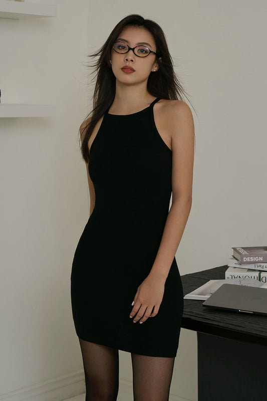 Elegant Rib Knit Sleeveless Mini Bra Dress (削肩襯墊短洋裝)