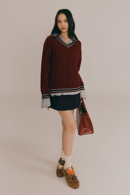 V-Neck Striped Contrast Color Sweater (寬鬆V領撞色毛衣)