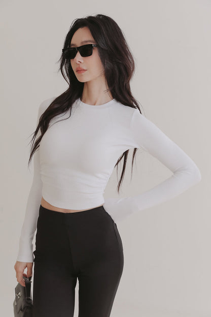 Elegant Rib Knit Long Sleeve Crop Top (一見鍾情羅紋側抓皺長袖上衣)