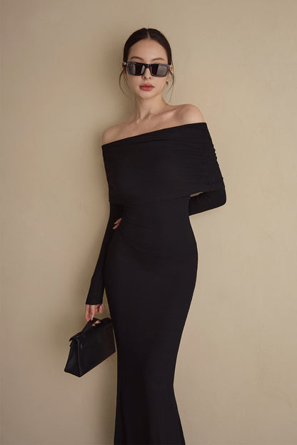 Elegant Rib Knit Fold Over Fishtail Maxi Bra Dress (一見鍾情羅紋翻領魚尾襯墊長洋裝)