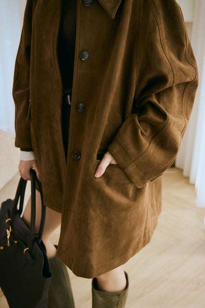 【預購】Mid-Length Suede Button-Up Coat (中長版麂皮排釦大衣)