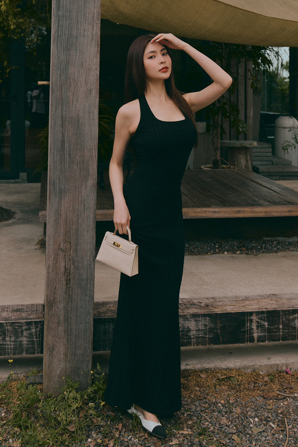 Afternoon Walk Knit Halter Fishtail Maxi Bra Dress <br/>午後漫步麻花繞脖魚尾襯墊長洋裝