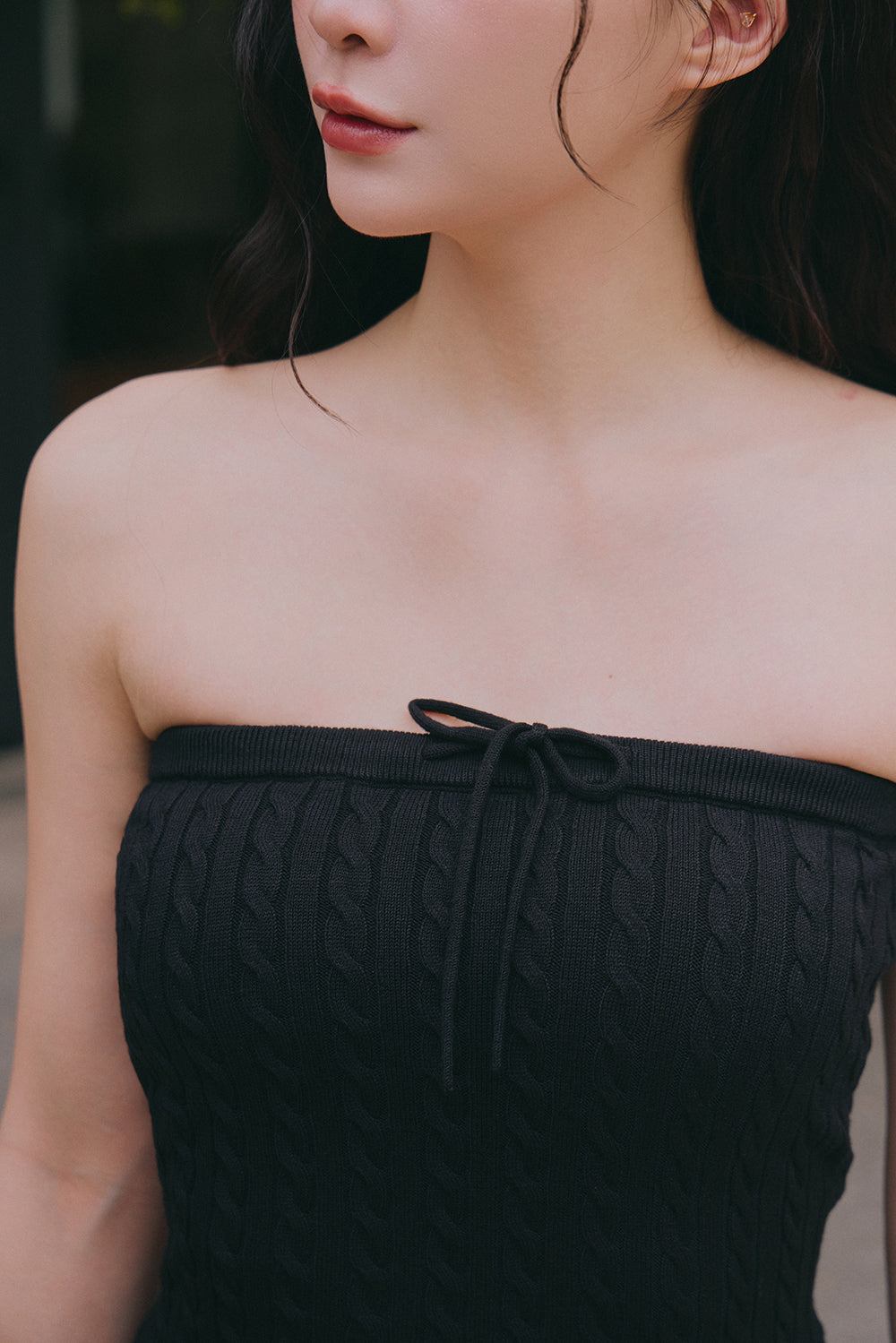 Afternoon Walk Knit Ripple Trim Strapless Flare Mini Bra Dress <br/>午後漫步麻花花邊平口襯墊短洋裝