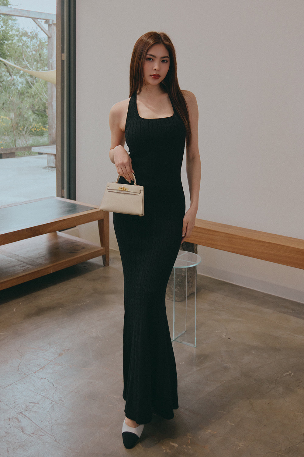 Afternoon Walk Knit Halter Fishtail Maxi Bra Dress <br/>午後漫步麻花繞脖魚尾襯墊長洋裝