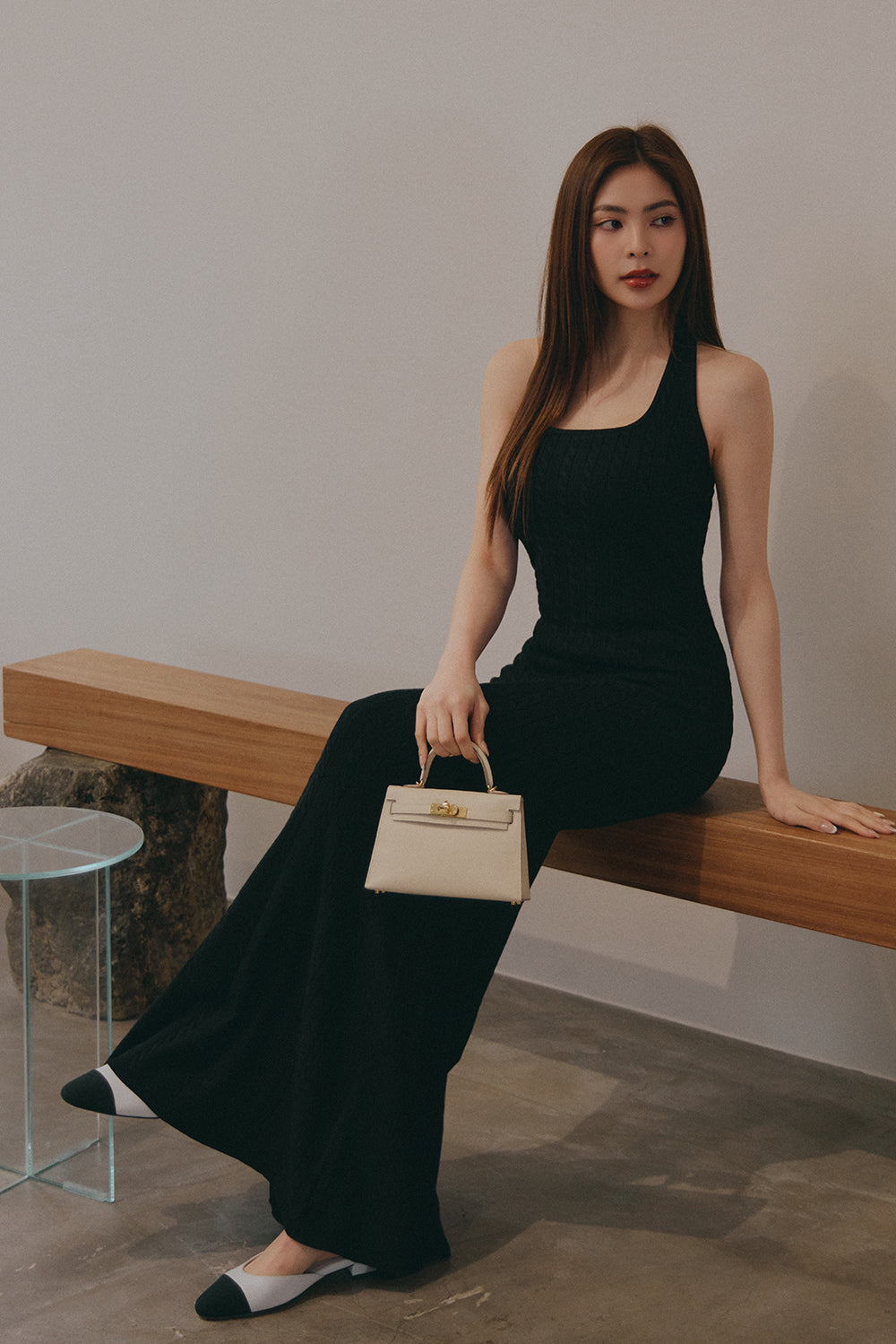 Afternoon Walk Knit Halter Fishtail Maxi Bra Dress <br/>午後漫步麻花繞脖魚尾襯墊長洋裝