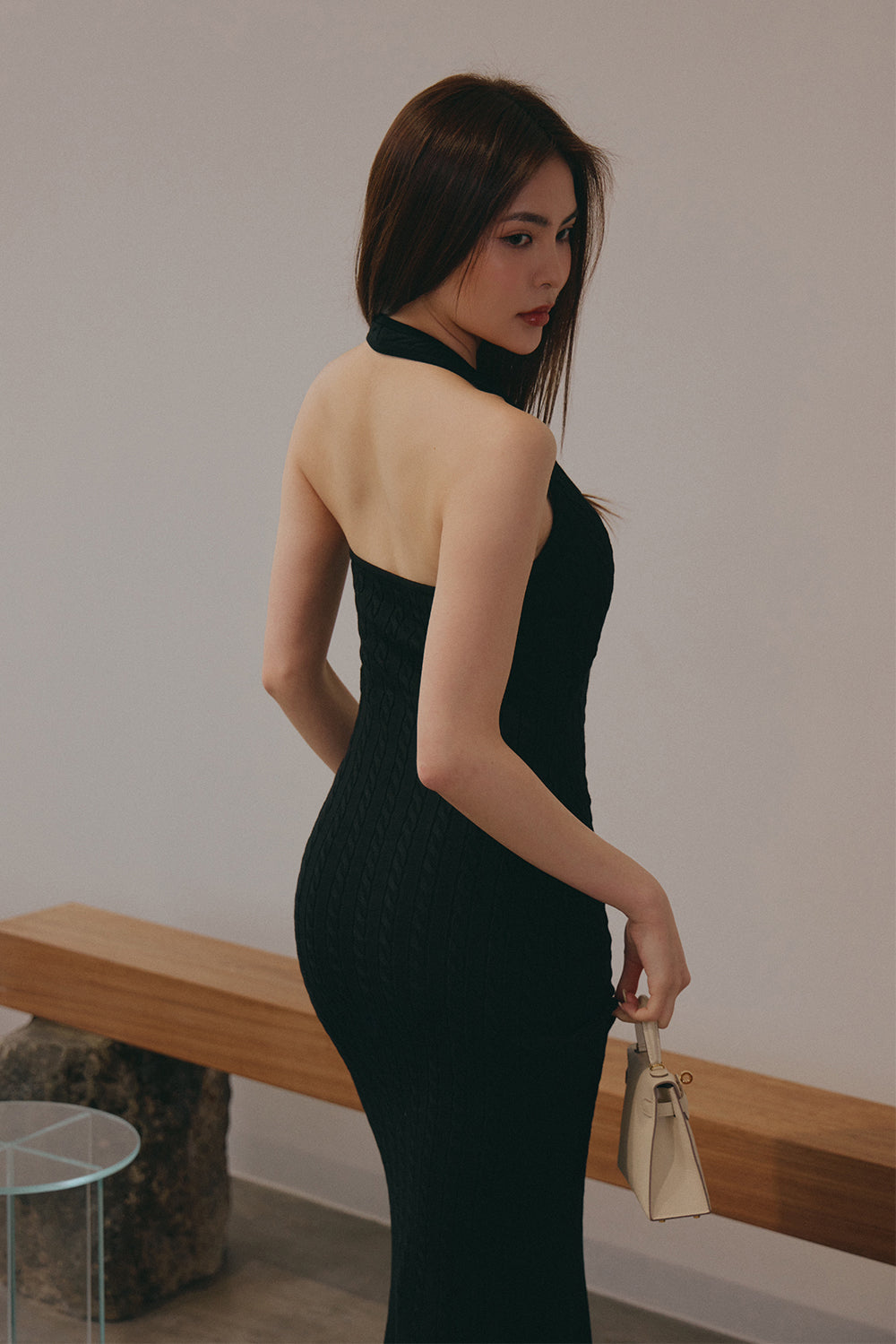 Afternoon Walk Knit Halter Fishtail Maxi Bra Dress <br/>午後漫步麻花繞脖魚尾襯墊長洋裝