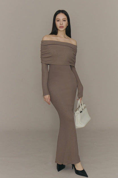 Elegant Rib Knit Fold Over Fishtail Maxi Bra Dress (一見鍾情羅紋翻領魚尾襯墊長洋裝)