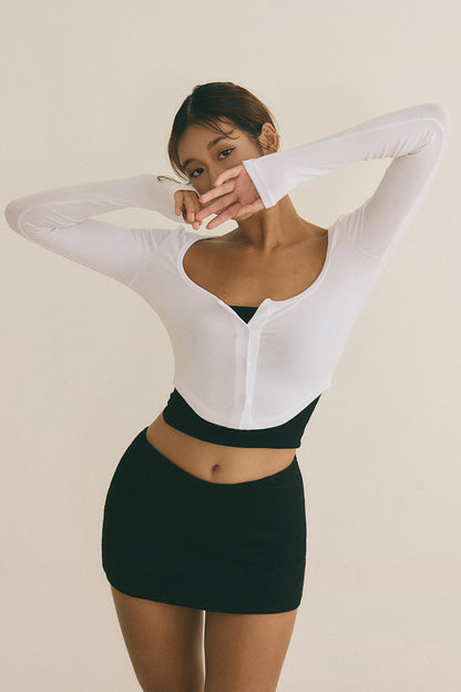 Elegant Rib Knit Square Neck Crop Top (方領上衣)