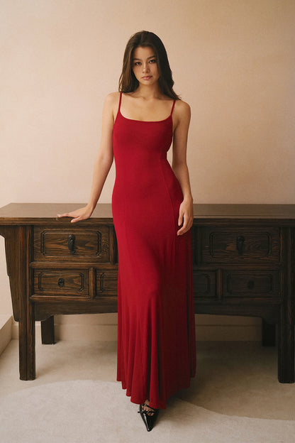 Elegant Rib Knit Strap Flared Maxi Bra Dress (一見鍾情羅紋細肩傘擺襯墊長洋裝)