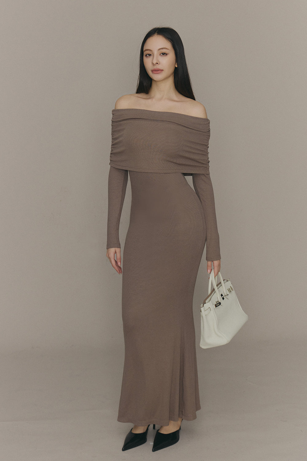 Elegant Rib Knit Fold Over Fishtail Maxi Bra Dress (一見鍾情羅紋翻領魚尾襯墊長洋裝)