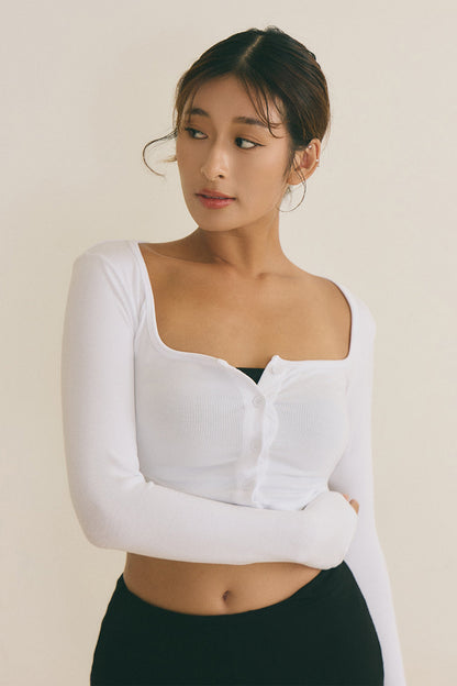 Elegant Rib Knit Square Neck Crop Top (方領上衣)