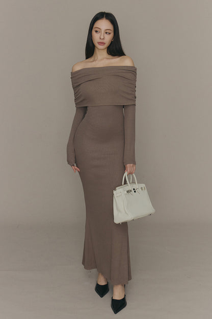 Elegant Rib Knit Fold Over Fishtail Maxi Bra Dress (一見鍾情羅紋翻領魚尾襯墊長洋裝)