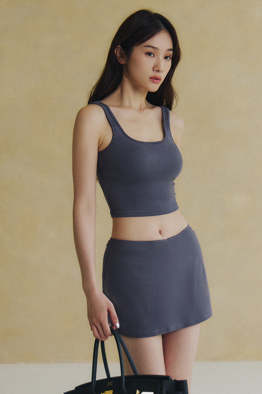 Elegant Rib Knit Wide Strap Bra Top (軟彈方領)